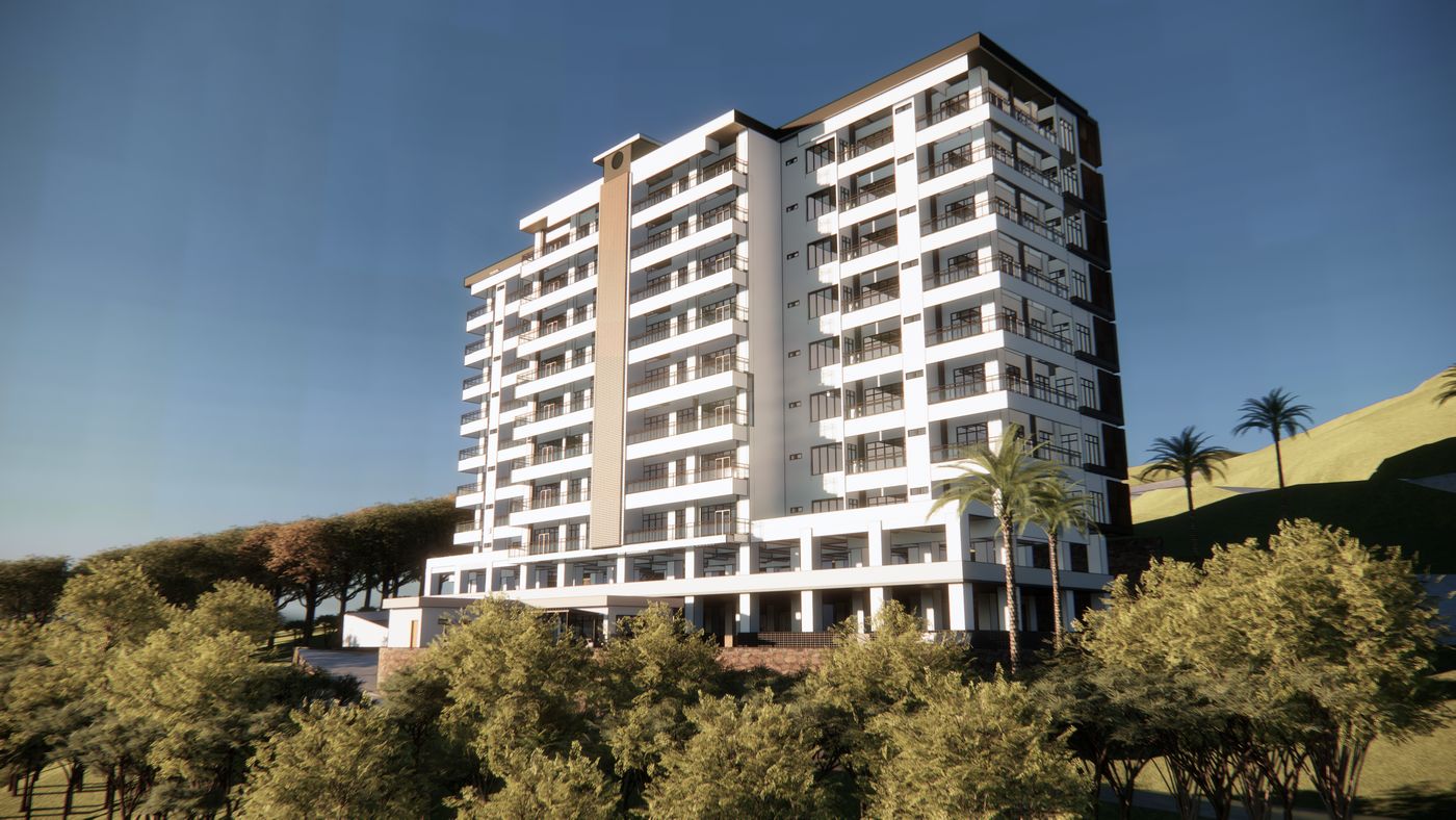 Render de un edificio de apartamentos en ladera costera, con cielo azul y vegetación alrededor.